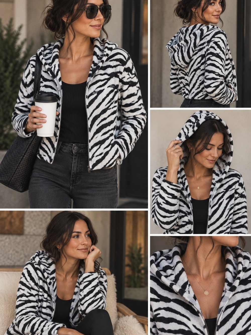 Chico's Black & White Zebra Print Hooded Fleece Jacket